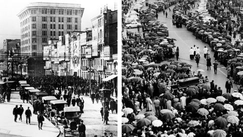 A la izquierda, fotograf�a antigua de Los Cantones de A Coru�a. A la derecha, entierro de Don Pedro Barri� de la Maza, conde de Fenosa. El f�retro sale de la casa mortuoria: el Banco Pastor. Marzo de 1971.