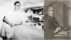 Eduardo Blanco Amor fotografiado en el balc�n de una casa en Caracas, en el a�o 1952. A la derecha, retrato de Benito Jer�nimo Feijoo realizado por Juan Bernab� Palomino, que fue publicado como ilustraci�n de su obra �Theatro critico universal� (Blas Rom�n, Madrid, 1781) y que se conserva en la Biblioteca Nacional de Espa�a.