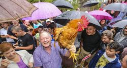 Los paraguas estuvieron muy presentes en la romera de San Roque do Monte y en su tradicional subasta de gallos. 