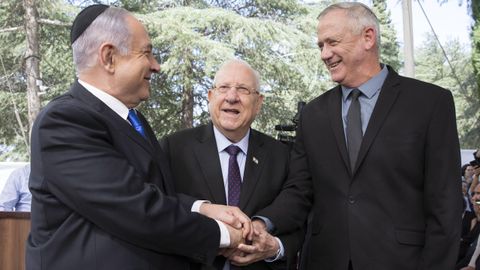 Netanyahu, el presidente Rivlin y Gantz ,en un acto en honor de Sim�n Peres el pasado septiembre