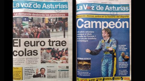 As lo cont LA VOZ DE ASTURIAS. A la izquierda, la llegada del euro en 2002 y, a la derecha, la portada sobre la primera victoria del asturiano Fernando Alonso en la Frmula 1, en 2005.