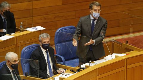 Feijoo, esta maana junto a los dos vicepresidentes, Alfonso Rueda y Francisco Conde, con Pedro Py detrs.