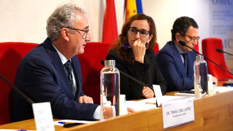 El presidente de la Organizacin Mdica Colegial, Toms Cobo, la ministra de Sanidad, Mnica Garca, y el presidente de la Sociedad Espaola de Patologa Digestiva, Agustn Albillos, durante la presentacin