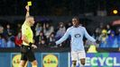 Ilaix Moriba, reaccionando a la amarilla que vio en la recta final del Celta-Bolonia.