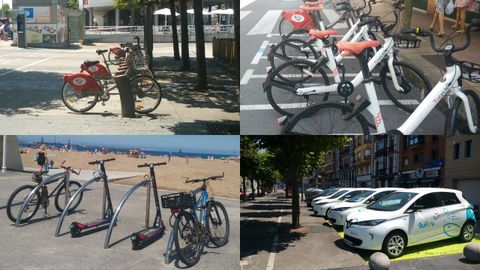 Arriba, a la izquierda, las bicicletas gratuitas de Gijn-Bici y, a la derecha, las de Tucycle. Abajo, dos patinetes de Reby en aparcabicis de Poniente y los coches elctricos de Guppy, en Fomento.