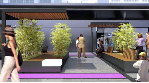 Zona de estancia en el entorno del mercado, con nuevo mobiliario urbano