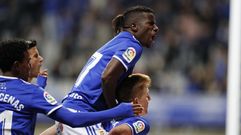 Gol Mossa Ibrahima Balde Ibra Barcenas Javi Munoz Real Oviedo Reus Carlos Tartiere.Mossa e Ibrahima celebran el primer gol ante el Reus