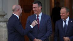 El presidente del Gobierno, Pedro S�nchez, este jueves con su hom�logo del Consejo Europeo, Charles Michel, y el primer ministro de Polonia, Donald Tusk.