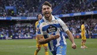 Altimira celebra el segundo gol del Deportivo ante el Albacete. 
