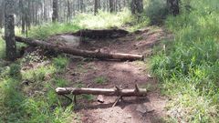 Grupos de ciclistas denuncian la peligrosidad de la trampa colocada en O Facho, dos troncos obstaculizando un sendero en pendiente, tras un punto salto