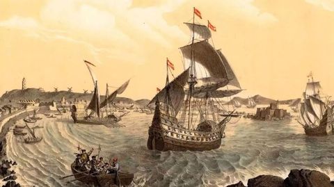 Salida de la flota de Loaysa del puerto coruñés (Urrabieta, litografía de J.J. Martínez, 1854).