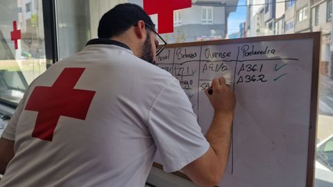 Un trabajador de la Cruz Roja organizando durante el apagón los vehículos para toda Galicia en una pizarra