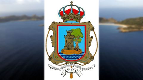 El escudo oficial de Vigo, sobre una foto de las islas C�es