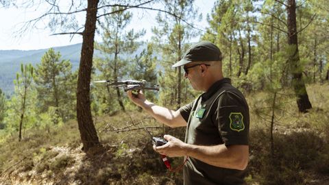 Aurelio Mosteiro, coordinador adjunto de la unidad de investigacin, volando ayer un dron de vigilancia en un monte afectado por un incendio.