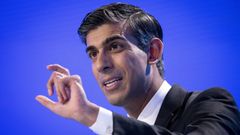 El primer ministro brit�nico, Rishi Sunak, este lunes, durante su intervenci�n en el foro de la patronal brit�nica CBI
