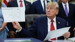 Trump muestra un gr�fico sobre las tasas de pobreza infantil mientras anuncia nuevos precios, el viernes en la Casa Blanca.