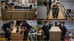 Sucesi�n de im�genes compartidas en Twitter por la agencia turca de noticias Anadolu en la que se muestra de izquierda a derecha y de arriba a abajo, los cuatro pasos en los que el producto patentado por la empresa colombiana ABC Displays pasa de proteger una camilla hospitalaria a transformarse en caja mortuaria