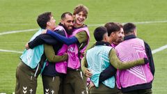 Los jugadores del Celta, durante el entrenamiento de este mi�rcoles en la Cidade Deportiva Afouteza de Mos.