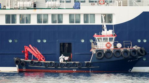 Una persona con protecci�n transporta un paquete al crucero MV Hondius en medio del brote de hantavirus.