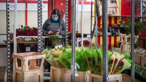 El sector de la flor y planta ornamental es uno de los m�s afectados por la crisis. En la imagen, tomada este jueves d�a de San Jordi, una florista en el mercado de flores de Barcelona