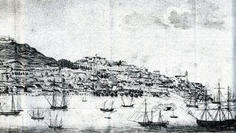 Grabado de Vgo que muestra el aspecto de la ciudad a mediados del siglo XIX