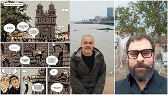 Iv�n Su�rez, debuxante do c�mic, e Inacio Vilari�o, autor do texto. � esqueda, detalle dunha das p�xinas da obra.