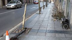 Restos del accidente, esta ma�ana, en la acera de la avenida de Galicia