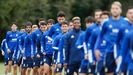 La plantilla del Real Oviedo, durante un entrenamiento en El Requexn