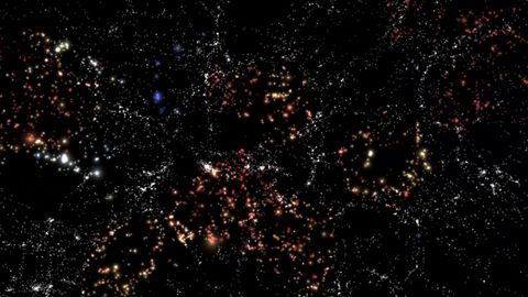 Representaci�n de la estructura a gran escala del Universo. Las galaxias coloreadas representan las galaxias en vac�os usadas en CAVITY.