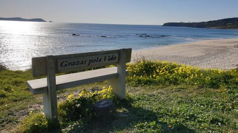 banco.La playa de Pragueira est a la derecha del banco, situado en los acantilados de Noalla (Sanxenxo), en plena ruta de senderismo del Padre Sarmiento. El cabo de punta Faxilda tambin se ve a la derecha. Detrs est A Lanzada y, desde Faxilda, tambin se puede observar la isla de Slvora