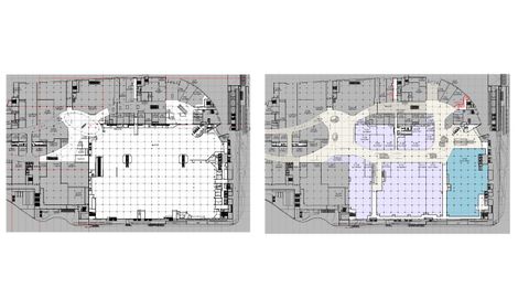 A la izquierda, antigua primera planta de El Corte Ingls. A la derecha, proyecto de reforma de Marineda City.