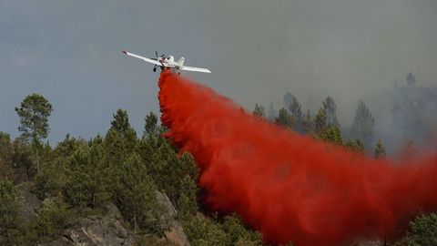 Imagen de archivo de un avi�n apagando un incendio forestal en Ourense.