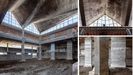 Patio central del Centro Oceanogr�fico de A Coru�a con la cubierta, inspirada en las velas n�uticas y, a la derecha, abajo, detalle de la cimentaci�n