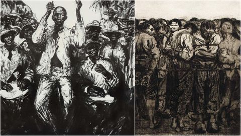 Detalle de Negros no bembe (1939), de Castelao, e de Os prisioneiros (1908), de Kthe Kollwitz.