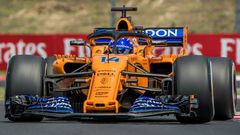 El piloto espa�ol Fernando Alonso, de McLaren, participa en la primera sesi�n de entrenamientos libres en el circuito Hungaroring en Mogyorod, noreste de Budapest (Hungr�a) hoy, 27 de julio de 2018. El Gran Premio de Hungr�a de F�rmula Uno se celebrar� el pr�ximo 29 de julio
