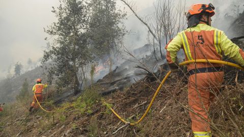 Los bomberos trabajan para extinguir un incendio forestal en Asturias en una imagen de archivo