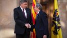 El presidente de Flandes, el ultranacionalista y socio de Vox Jan Jambon, y el de la Generalitat, Quim Torra, este s�bado, en Barcelona