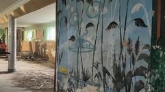 Motivos vegetales con ca�as de bamb�� junto al agua se reproducen en uno de los nuevos murales descubiertos. Al fondo, una de las columnas recubiertas con �gresite� plateado, material original de la antigua sala de fiestas que se conservar�.