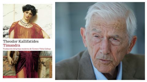 Retrato de Theodor Kallifatides (Molaoi, Laconia, Grecia, 1938). Y portada de la edici�n espa�ola de �Timandra�.
