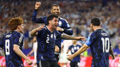 Varios jugadores de Argentina, celebrando el gol de Leo Messi ante Jordania.