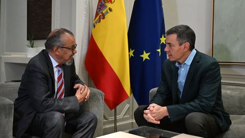 El presidente del Gobierno, Pedro S�nchez, y el director general de la Organizaci�n Mundial de la Salud (OMS), Tedros Adhanom.
