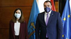 El presidente del Principado de Asturias, Adri�n Barb�n, junto con la ministra de Derechos Sociales y Agenda 2030, Ione Belarra
