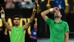 Carlos Alcaraz y Novak Djokovic, tras sus respectivos triunfos en Australia.