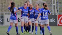 Real Oviedo Femenino Horizontal.Las futbolistas azules celebran un gol  frente al Gij�n F�tbol Femenino