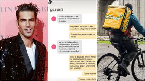 A los lados, imgenes de archivo de Jon Kortajarena y de un repartidor de Glovo. En el centro, captura de la queja que comparti en sus stories de Instagram por el servicio de comida a domicilio