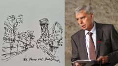 Fern�ndez Alba -a la derecha-, durante el discurso de aceptaci�n del Premio Nacional de Arquitectura en el 2003. A la izquierda, uno de sus dibujos del Paseo del Rollo, en la ciudad de Salamanca.