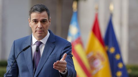 El presidente del Gobierno, Pedro Snchez, durante su comparecencia tras la reunin interministerial sobre la dana en la sede de la Delegacin del Gobierno en Valencia.