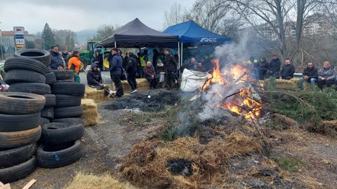 Agricultores y ganaderos han trasladado su protesta a la N-120, en la entrada a la ciudad de Ourense, cortando el acceso