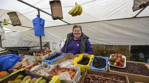 Neli Font�n, vecina de Portas, en su puesto de fruta un d�a de aguacero en el mercado de Caldas.