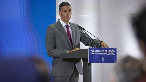 El presidente del Gobierno, Pedro Snchez, en la sede del Ministerio para la Transicin Ecolgica y Reto Demogrfico para anunciar las medidas de su proyecto de pacto de Estado contra la emergencia climtica.